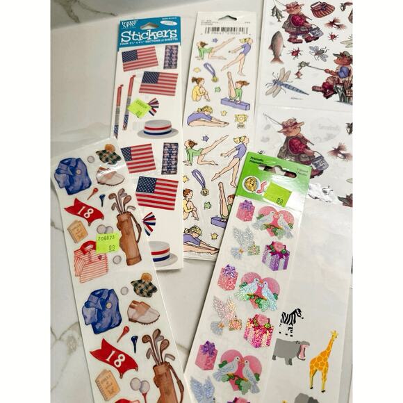 Large Lot of Vintage Stickers Baby Gymnastics Flags Trees Golf Presents Camping - Picture 2 of 5